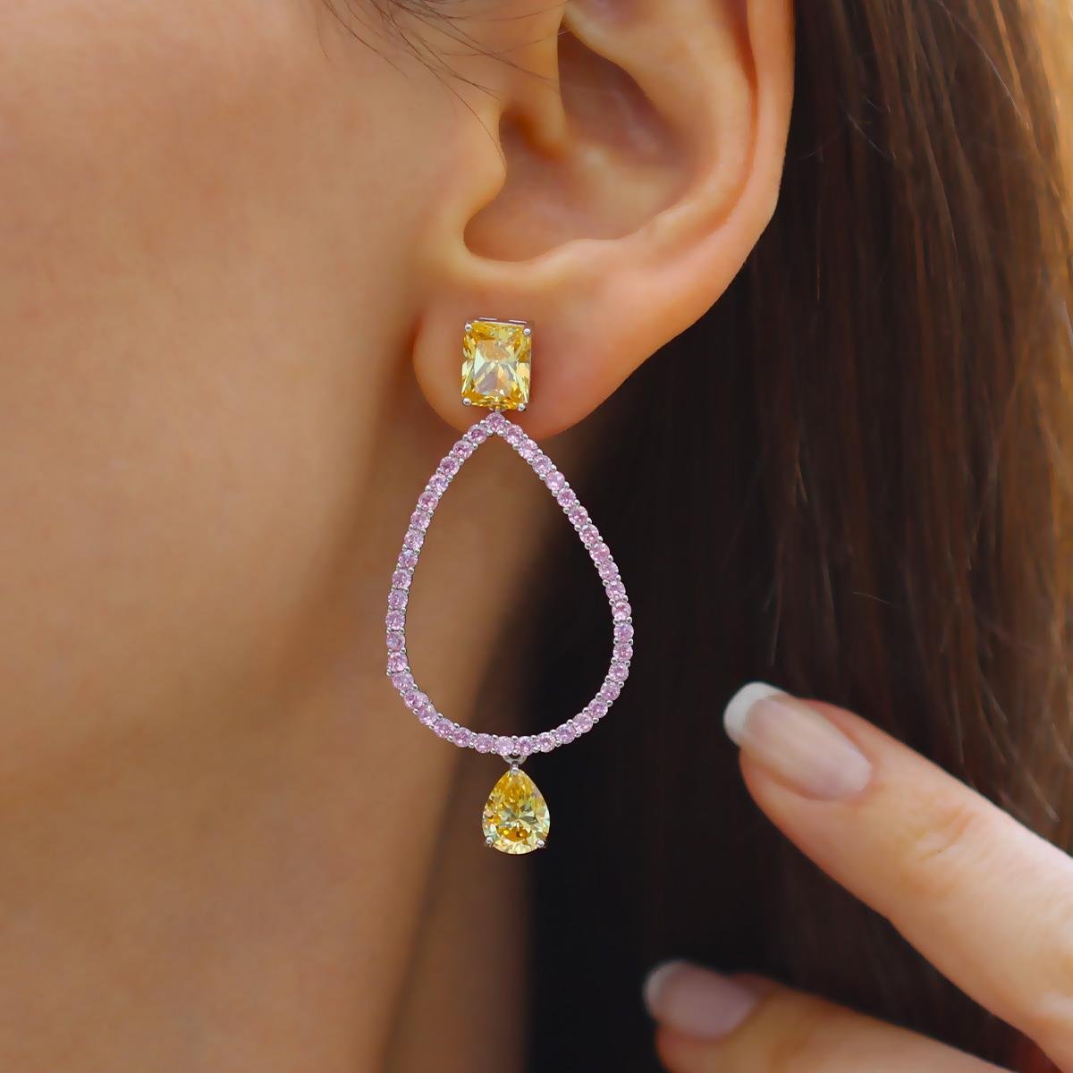 Damla Pembe Sitrin Taşlı Gümüş Küpe