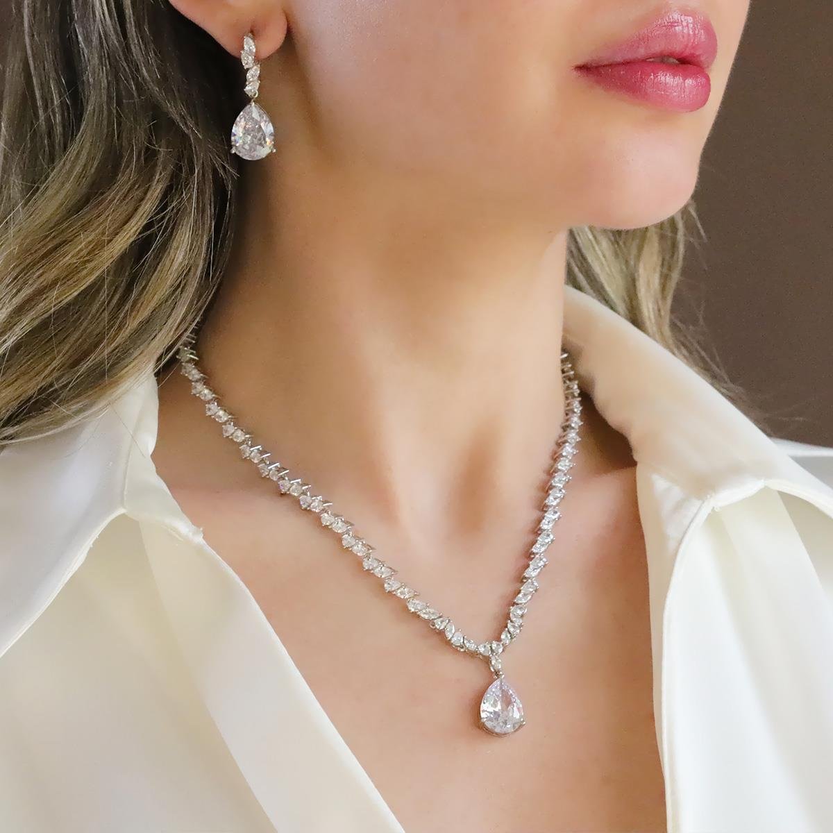 Damla Taşlı Işıltılı Gümüş Set