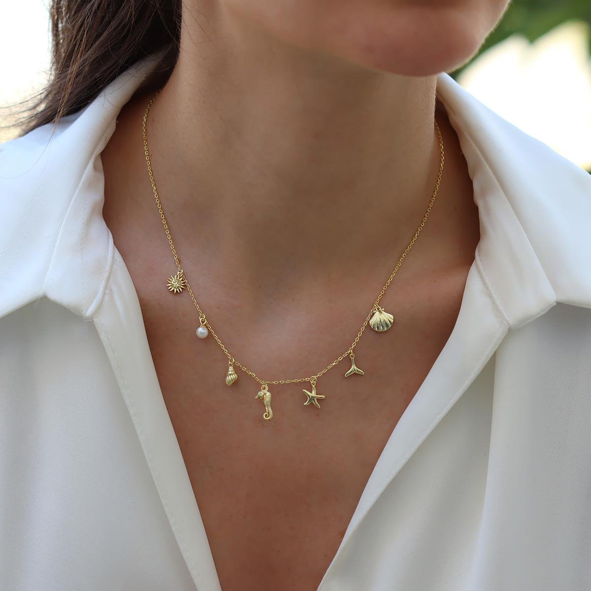 Deniz Figürlü Gold Gümüş Kolye