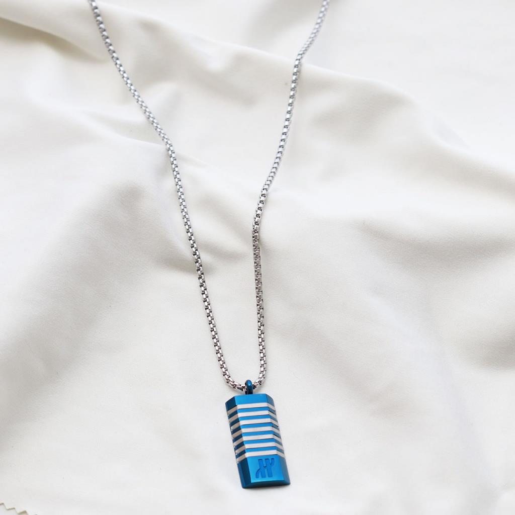 Dikdörtgen Lacivert Çizgili Erkek Çelik Kolye