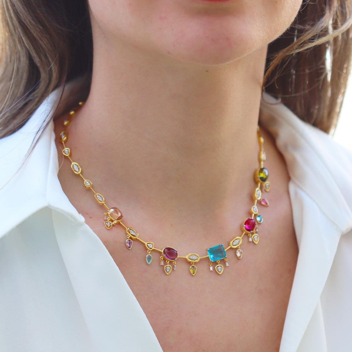 Doğaltaşlı Renkli Trend Gold Gümüş Kolye