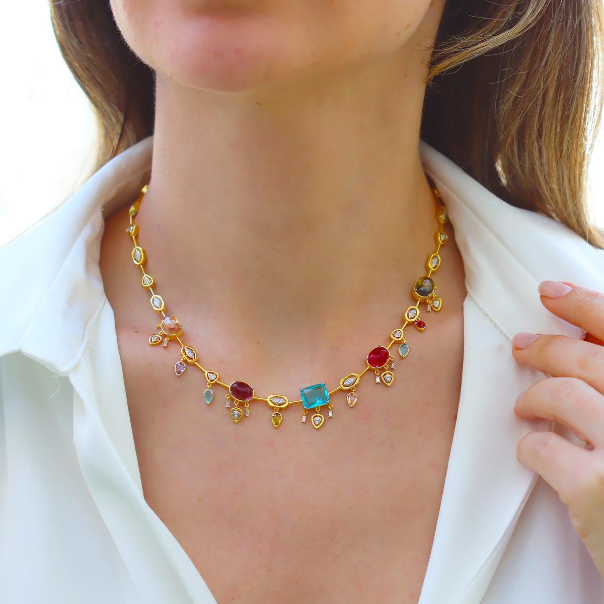 Doğaltaşlı Renkli Trend Gold Gümüş Kolye