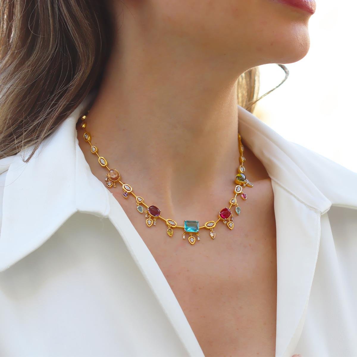 Doğaltaşlı Renkli Trend Gold Gümüş Kolye