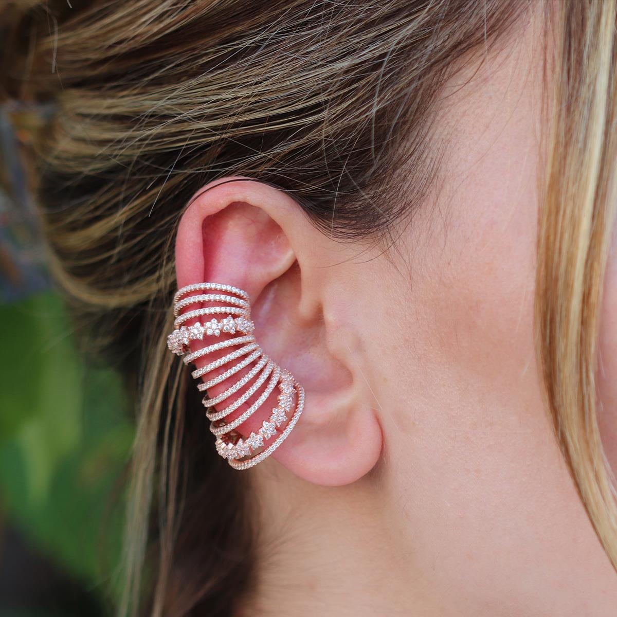 Ear Cuff Zirkon Taşlı Rose Gold Kaplama Çiçek Gümüş Küpe