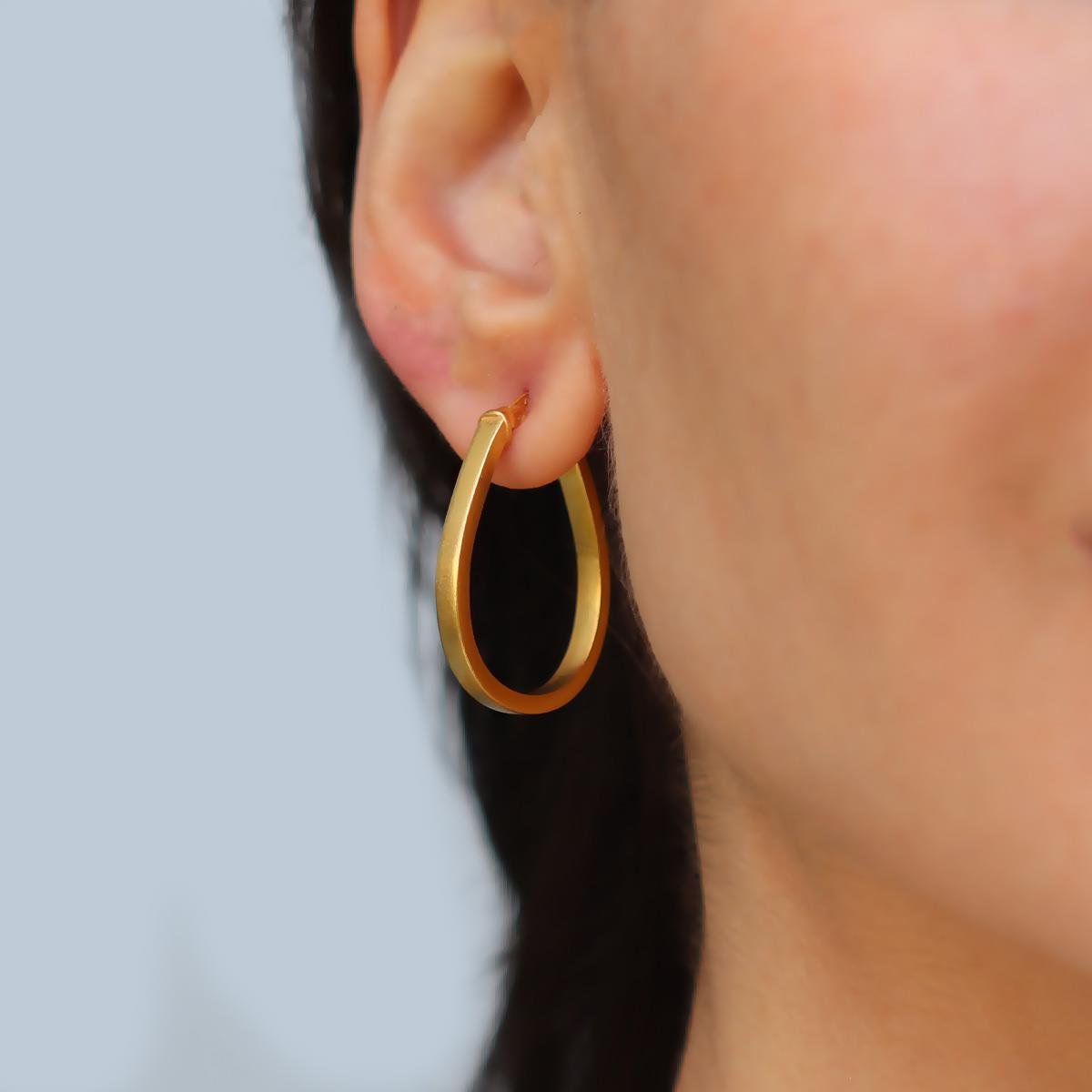 Elips Mat Gold Gümüş Halka Küpe