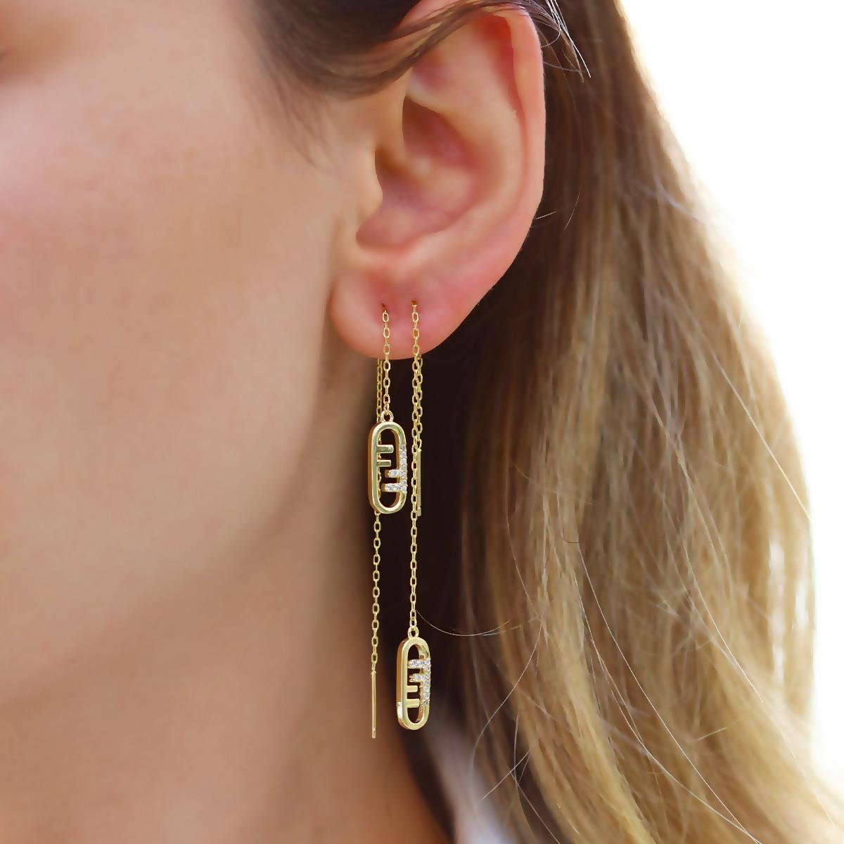 F Zincir Taşlı Gümüş Küpe