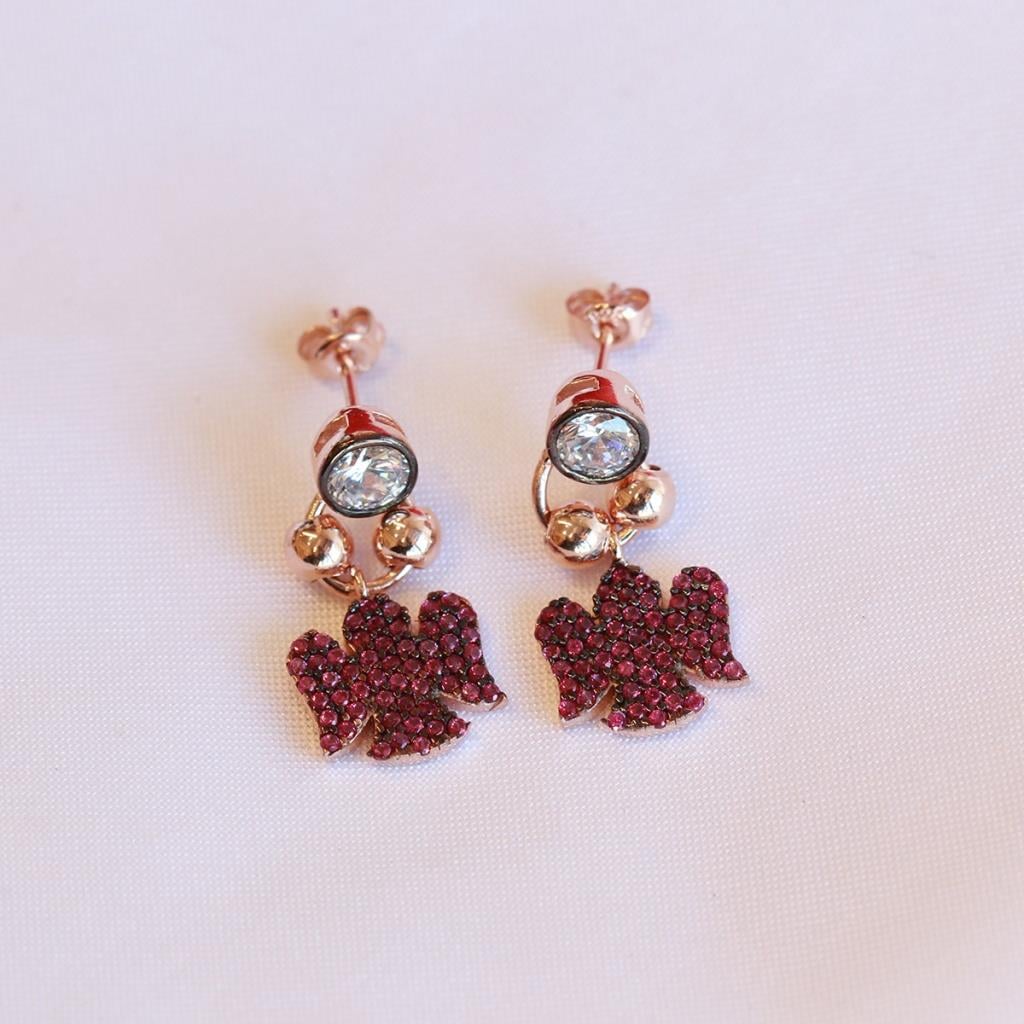 Fuşya Zirkon Taşlı Mini Melek Figürlü Rose Gold Kaplama Gümüş Küpe