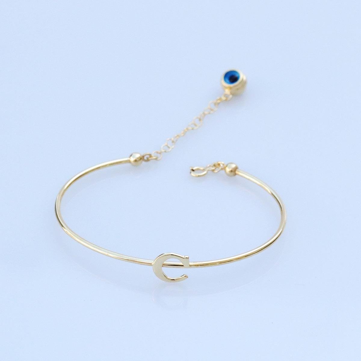 Gold Kaplama Nazar Boncuklu C Harfi Gümüş Bileklik