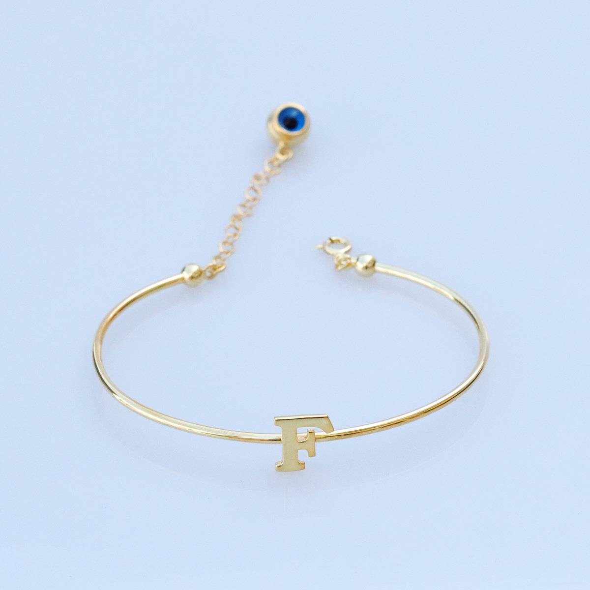 Gold Kaplama Nazar Boncuklu F Harfi Gümüş Bileklik