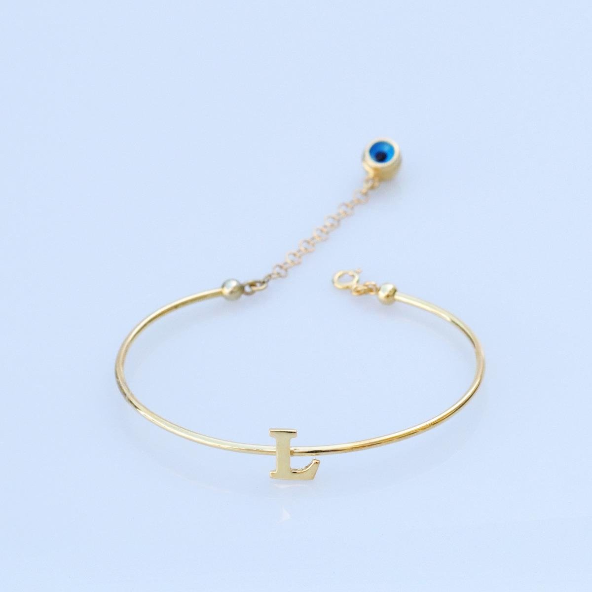 Gold Kaplama Nazar Boncuklu L Harfi Gümüş Bileklik
