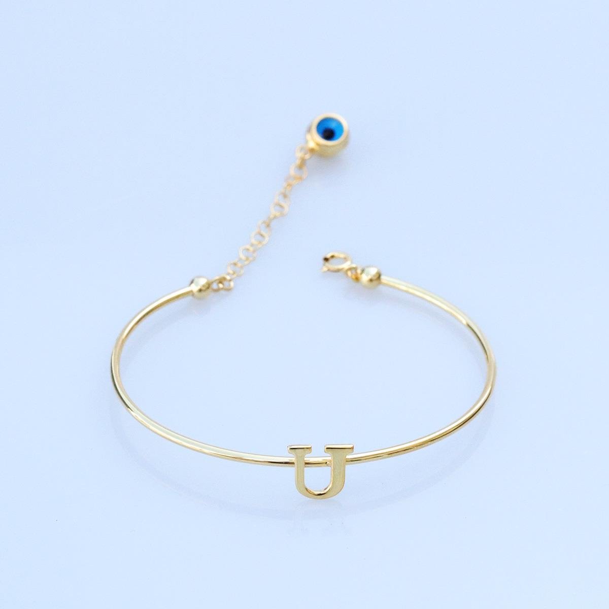 Gold Kaplama Nazar Boncuklu U Harfi Gümüş Bileklik