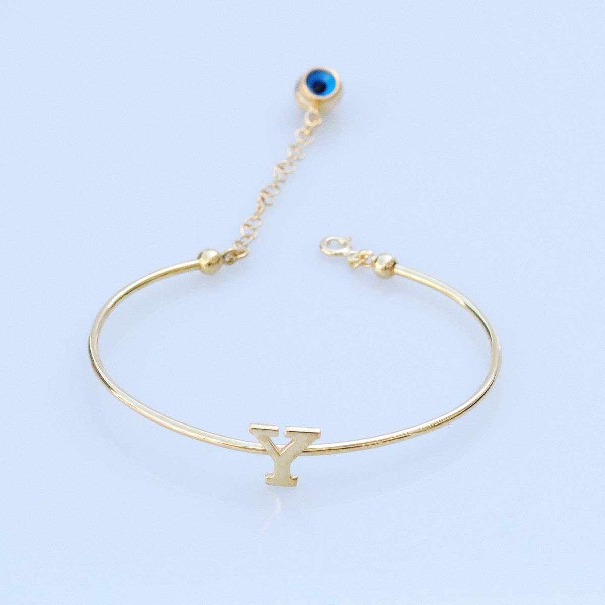 Gold Kaplama Nazar Boncuklu Y Harfi Gümüş Bileklik