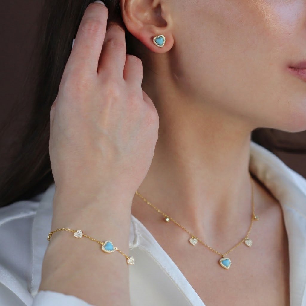 Gold Turkuaz Kalp Taşlı Gümüş Set