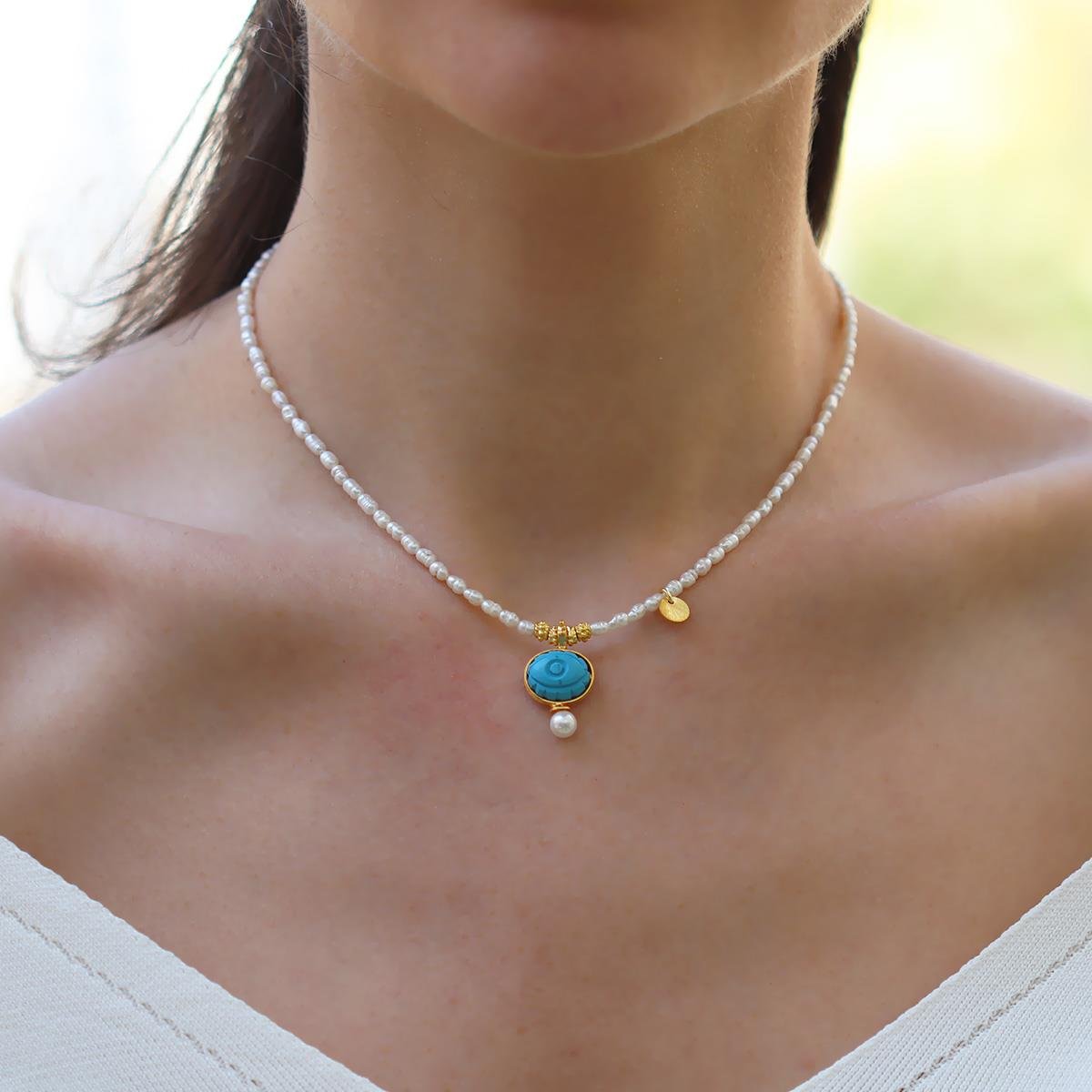 Göz Turkuaz İncili Gold Doğaltaşlı Gümüş Kolye