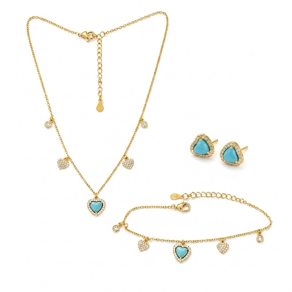 Gümüş Gold Turkuaz Kalp Taşlı Set