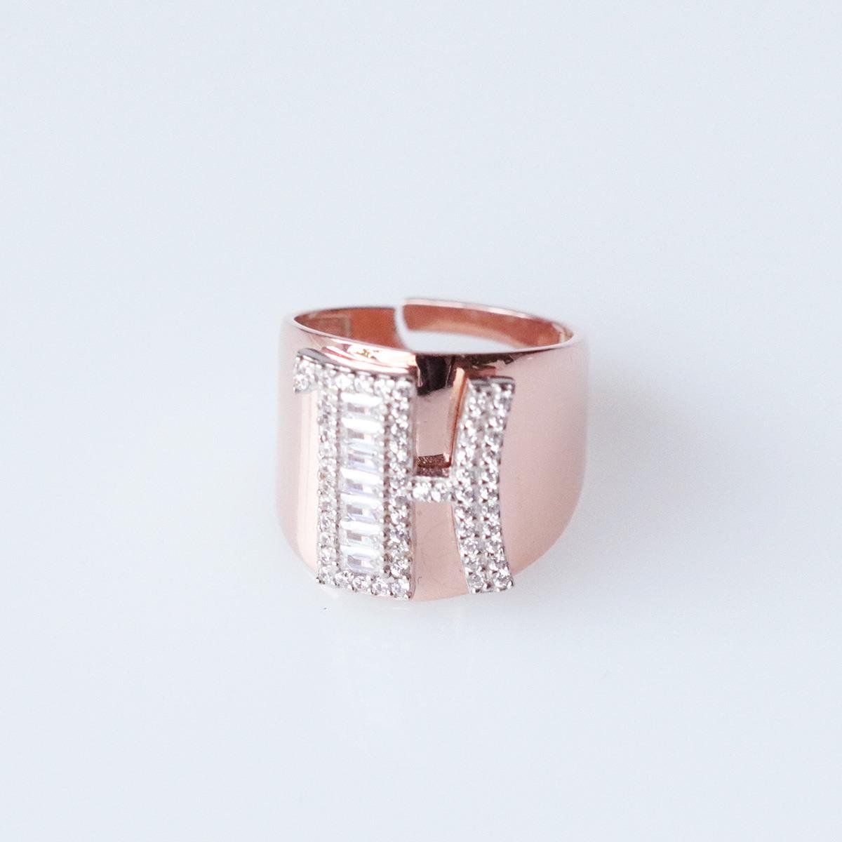 H Harfi Baget Taşlı Rose Gold Kaplama Gümüş Yüzük