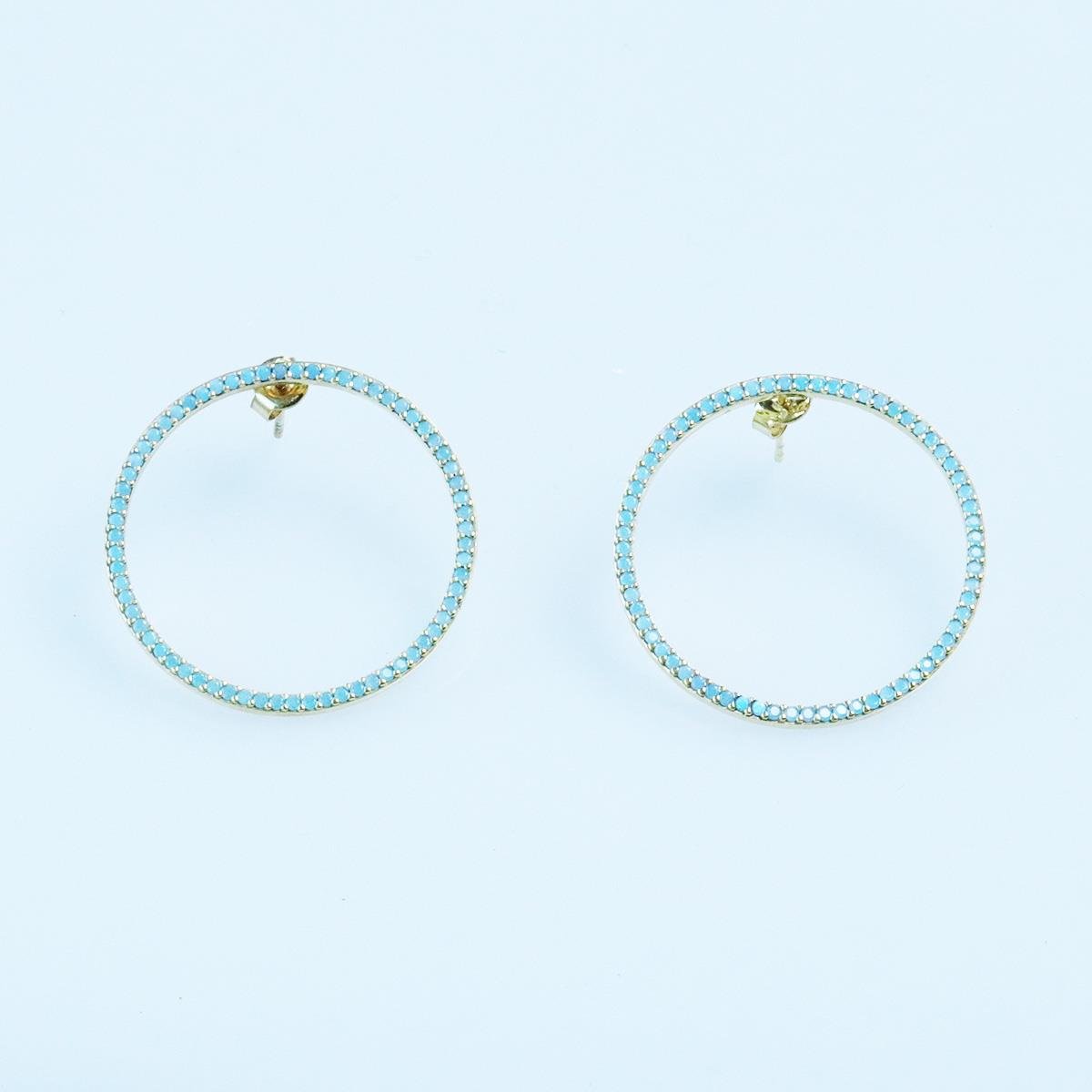 Hula Hoop Turkuaz Taşlı Gold Kaplama Gümüş Küpe