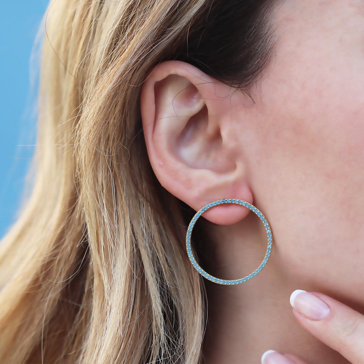 Hula Hoop Turkuaz Taşlı Gold Kaplama Gümüş Küpe