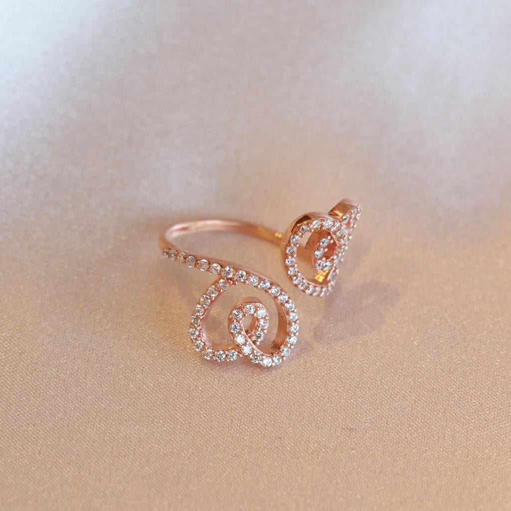 İki Kalpli Rose Gold Kaplama Ayarlanabilir Gümüş Yüzük