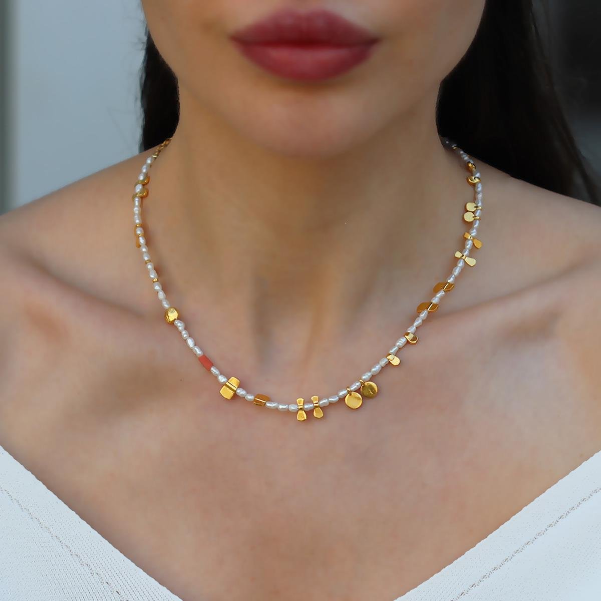 İnci Doğaltaşlı Gold Gümüş Kolye