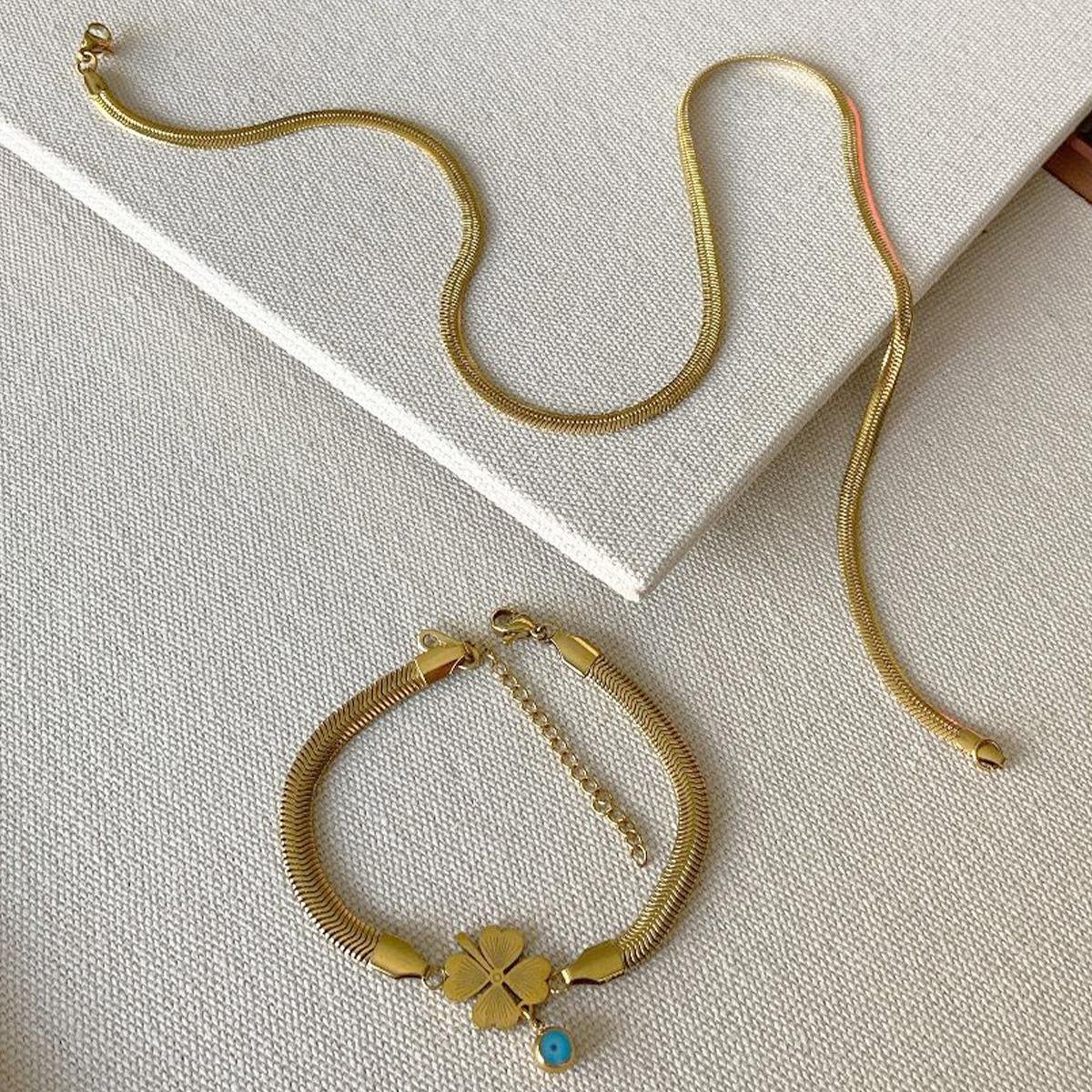 İtalyan Yonca Bileklik Kolye Çelik Set