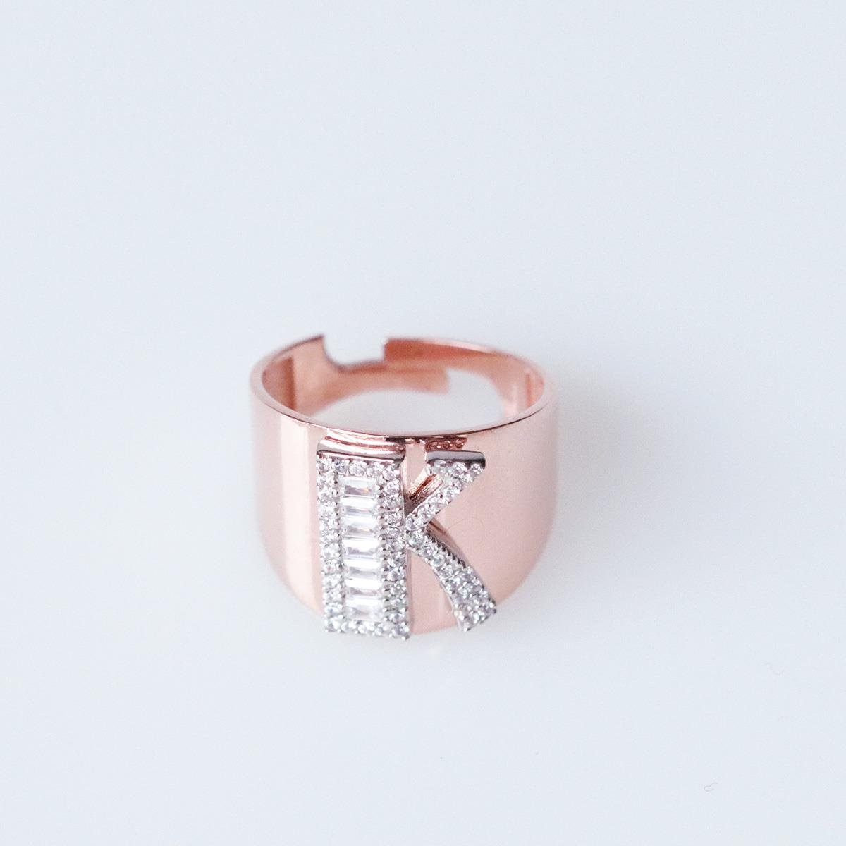 K Harfi Baget Taşlı Rose Gold Kaplama Gümüş Yüzük