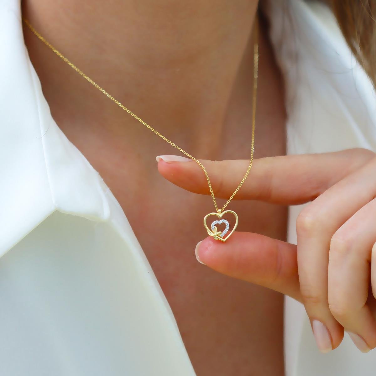 Kalp Düğüm Zirkon Taşlı Gold Gümüş Kolye