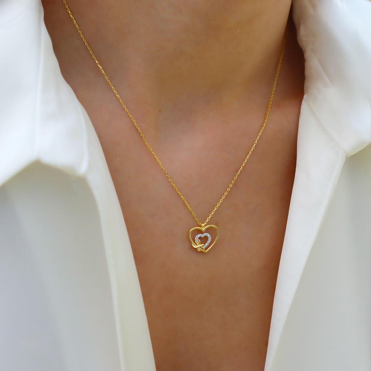 Kalp Düğüm Zirkon Taşlı Gold Gümüş Kolye