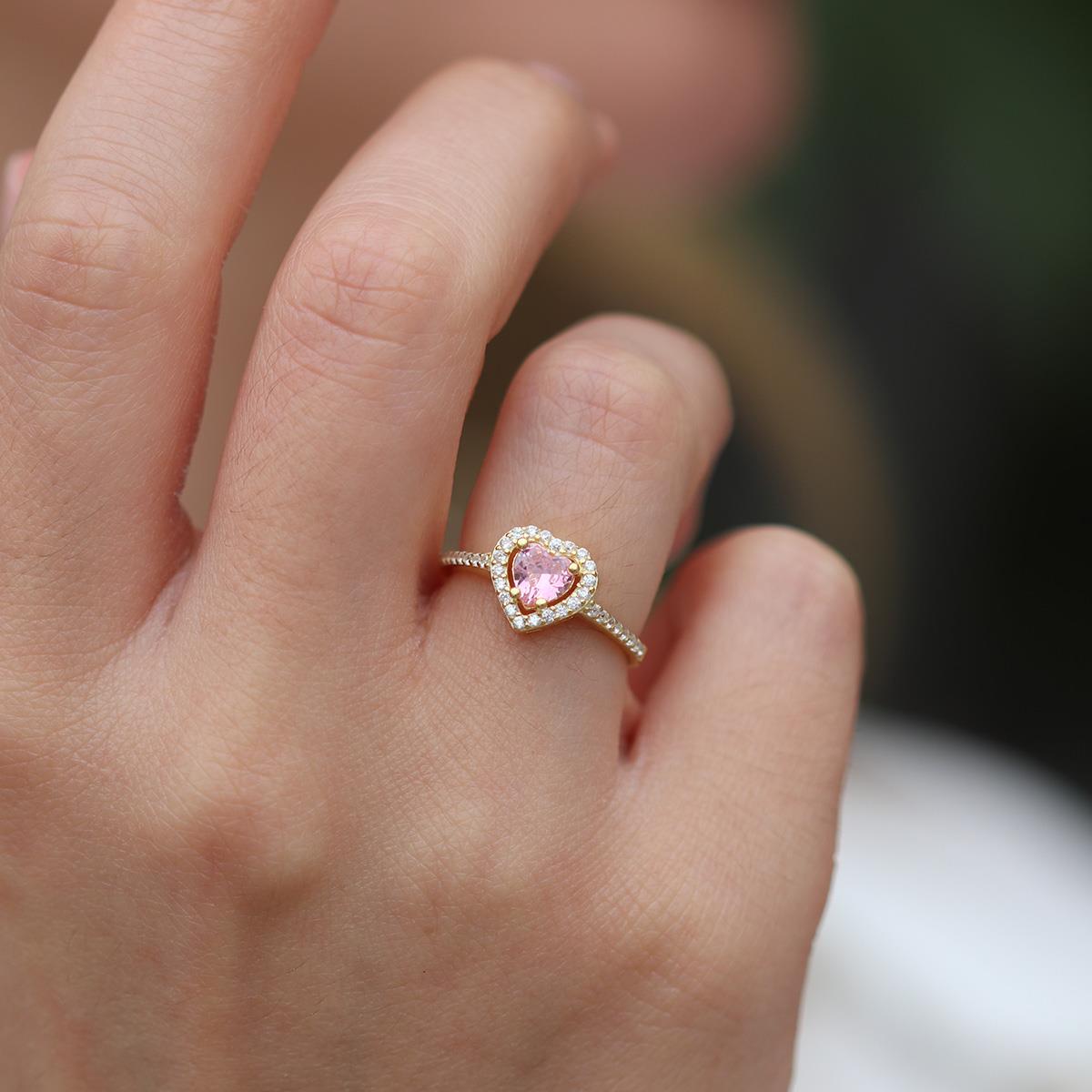 Kalp Pandora Model Pembe Zirkon Taşlı Gold Gümüş Yüzük