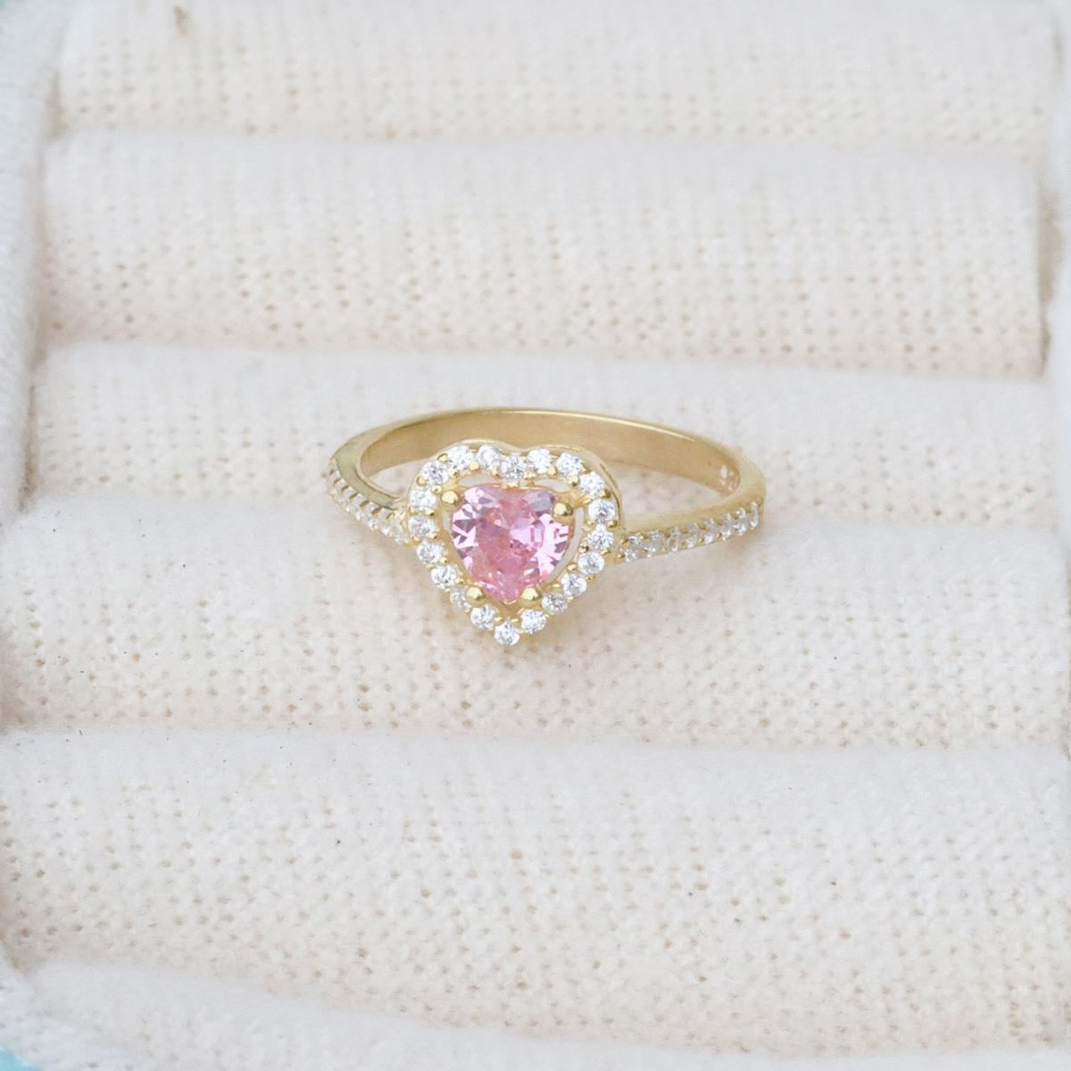 Kalp Pandora Model Pembe Zirkon Taşlı Gold Gümüş Yüzük