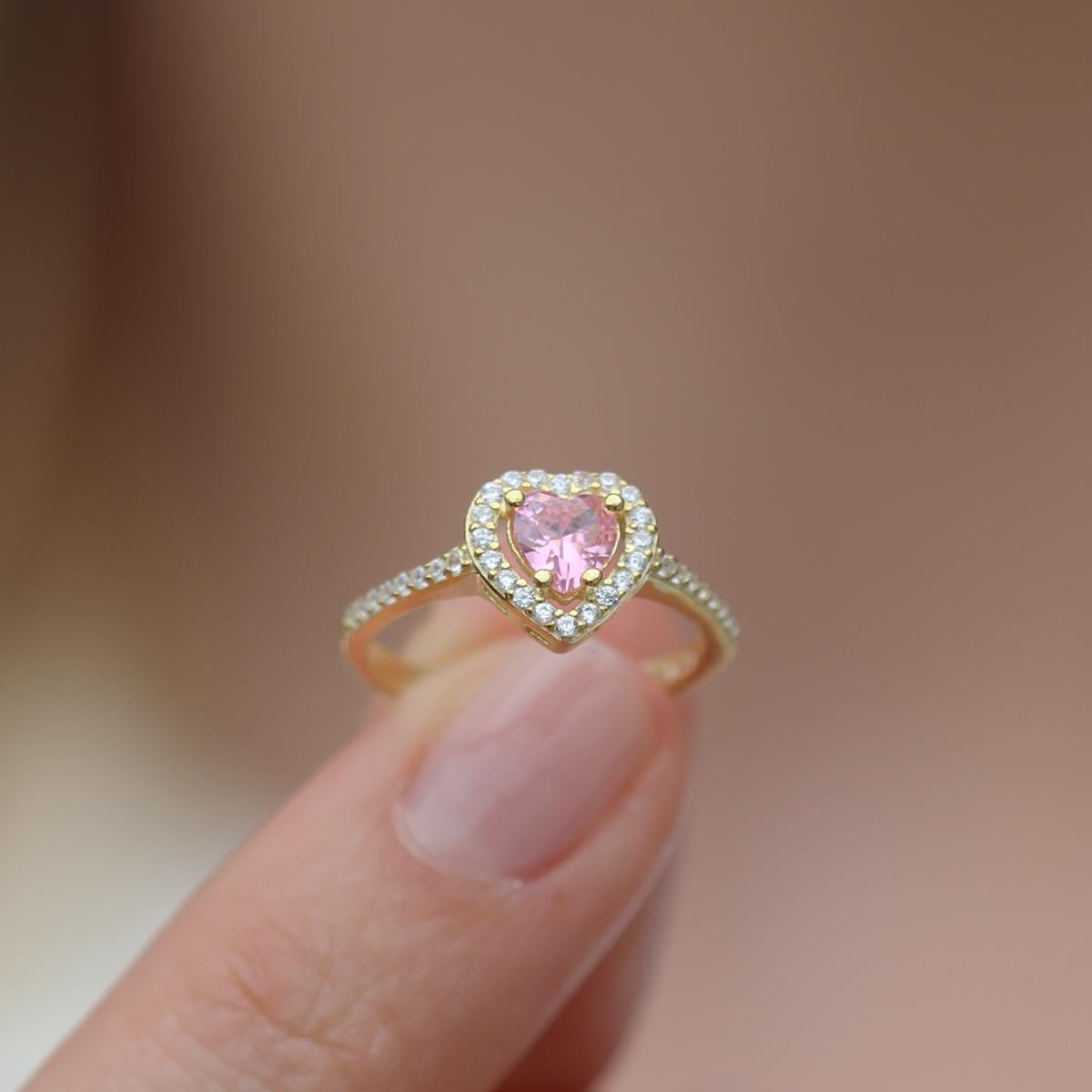 Kalp Pandora Model Pembe Zirkon Taşlı Gold Gümüş Yüzük