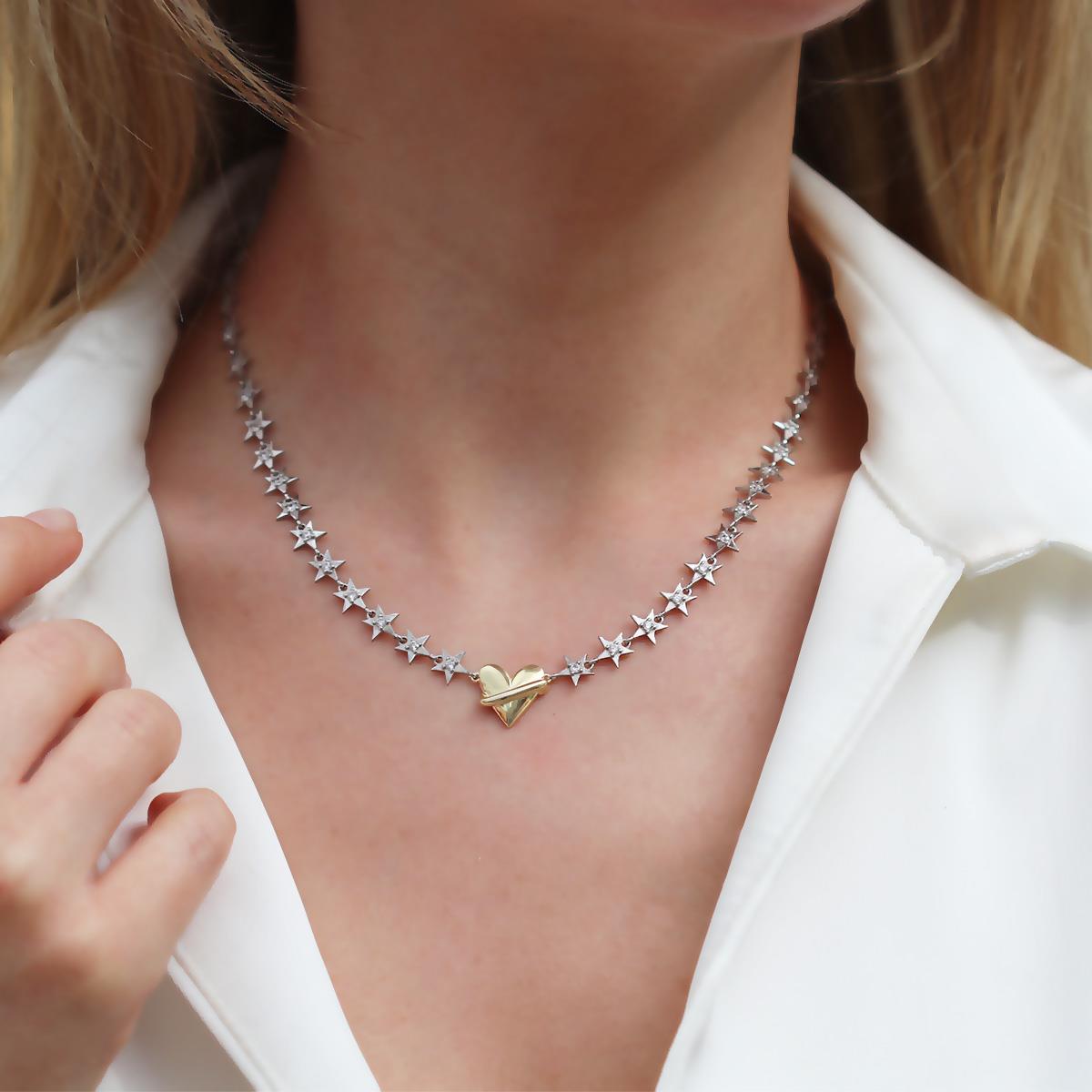 Kalp Yıldızlı Trend Çift Renkli Gümüş Kolye