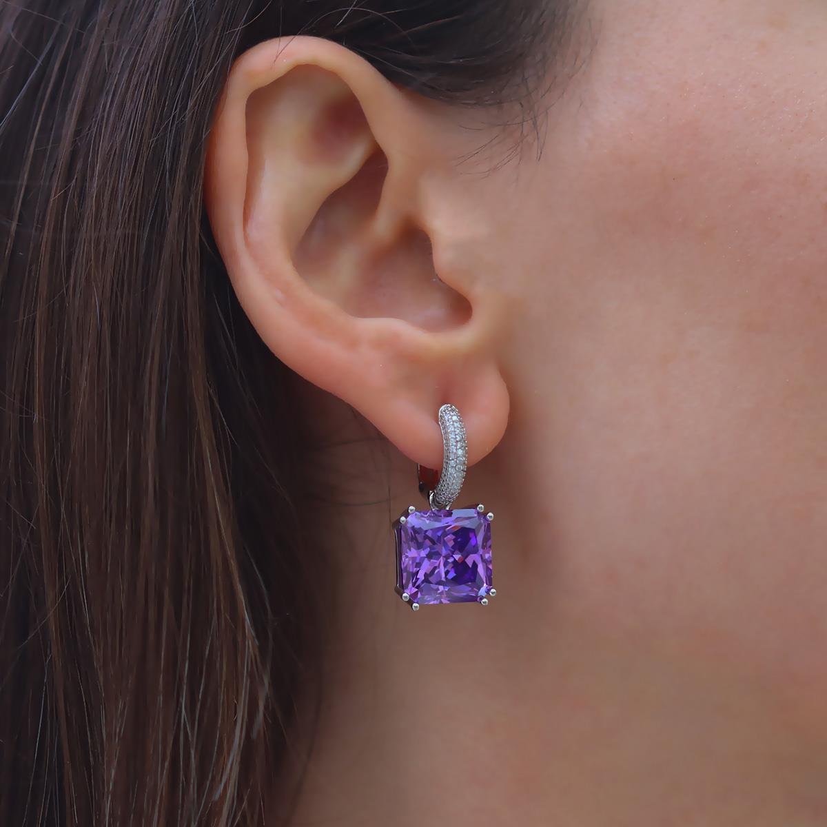 Kare Ametist Taşlı Gümüş Küpe