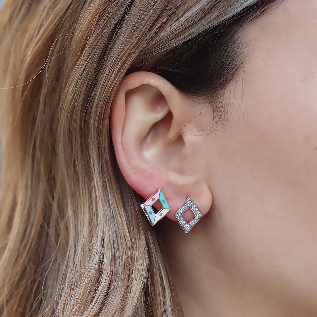 Karo Çift Taraflı Renkli Mine İşli Gümüş Küpe