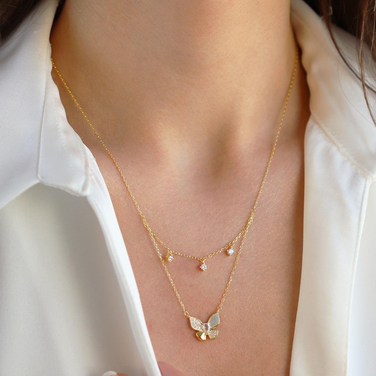 Kelebek İkili Zirkon Taşlı Gümüş Kolye