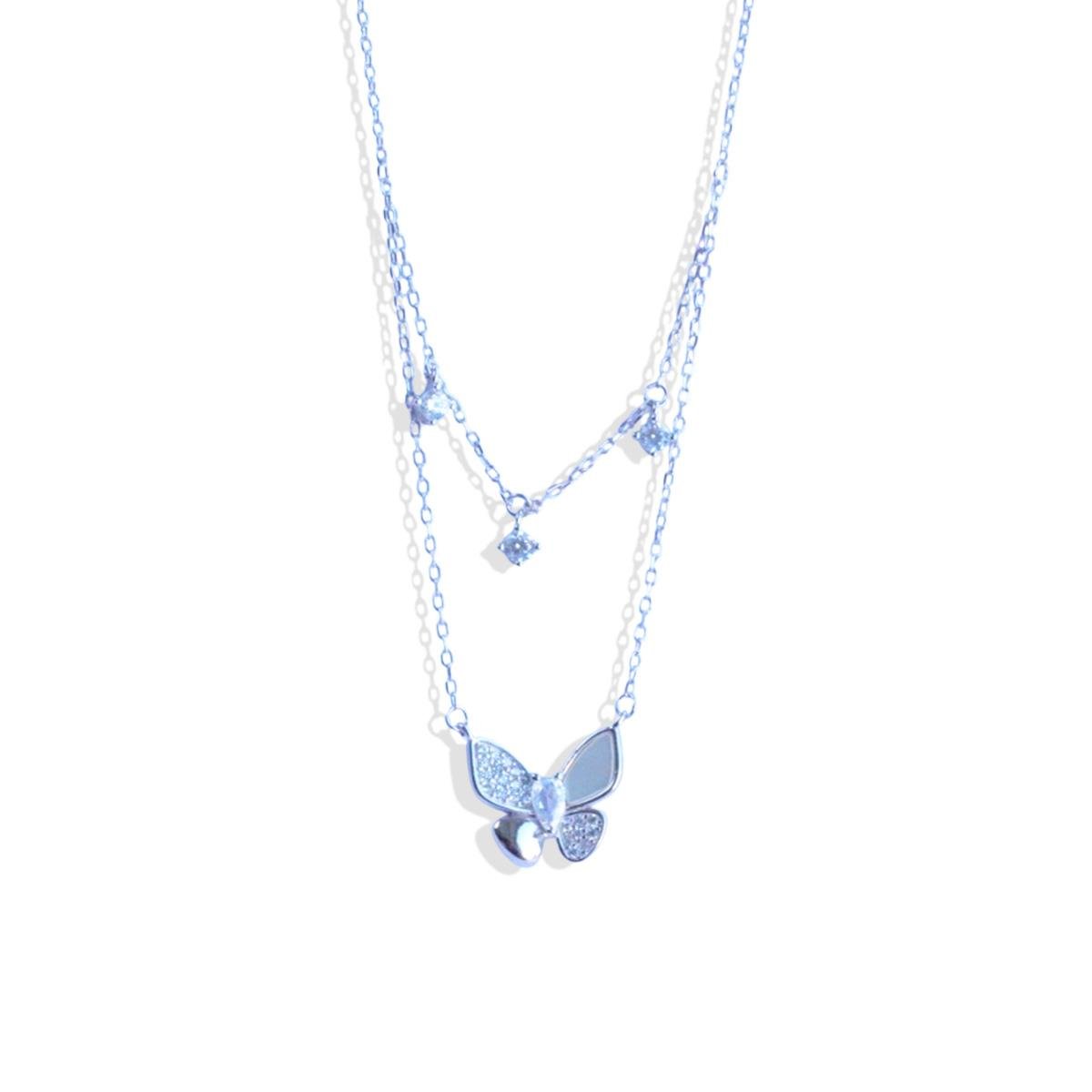 Kelebek İkili Zirkon Taşlı Gümüş Kolye