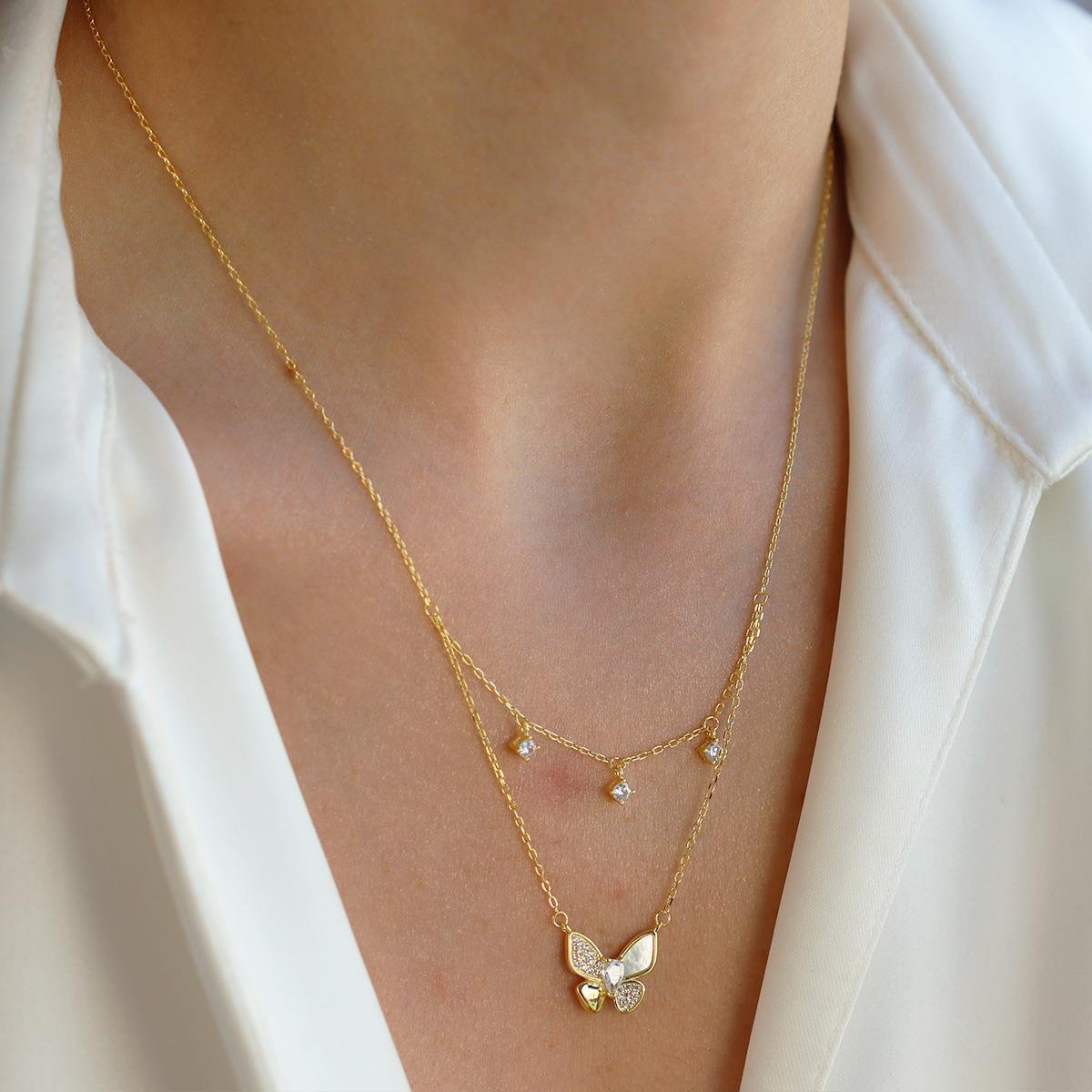 Kelebek İkili Zirkon Taşlı Gümüş Kolye