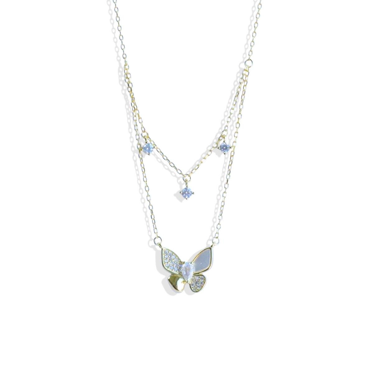 Kelebek İkili Zirkon Taşlı Gümüş Kolye