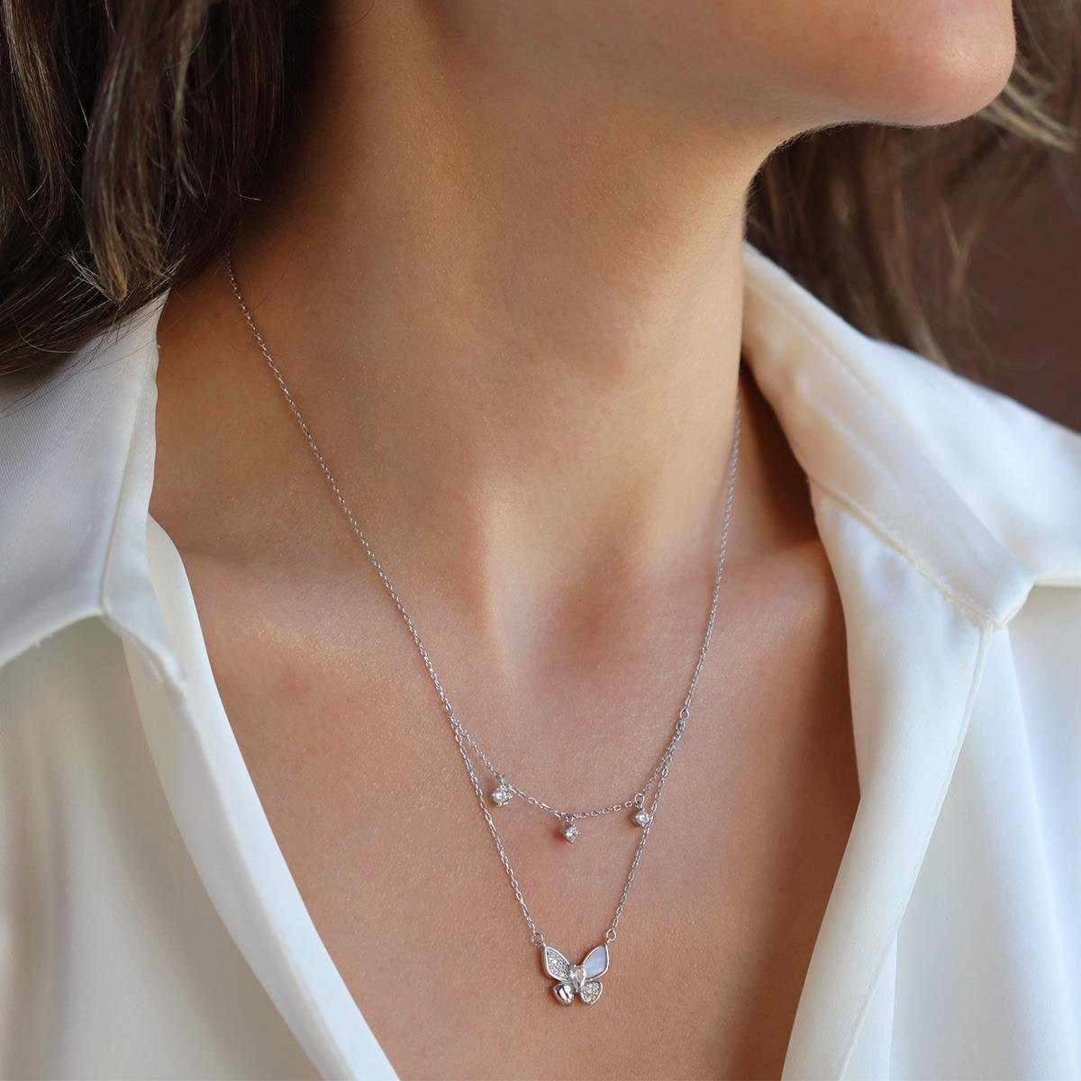 Kelebek İkili Zirkon Taşlı Gümüş Kolye