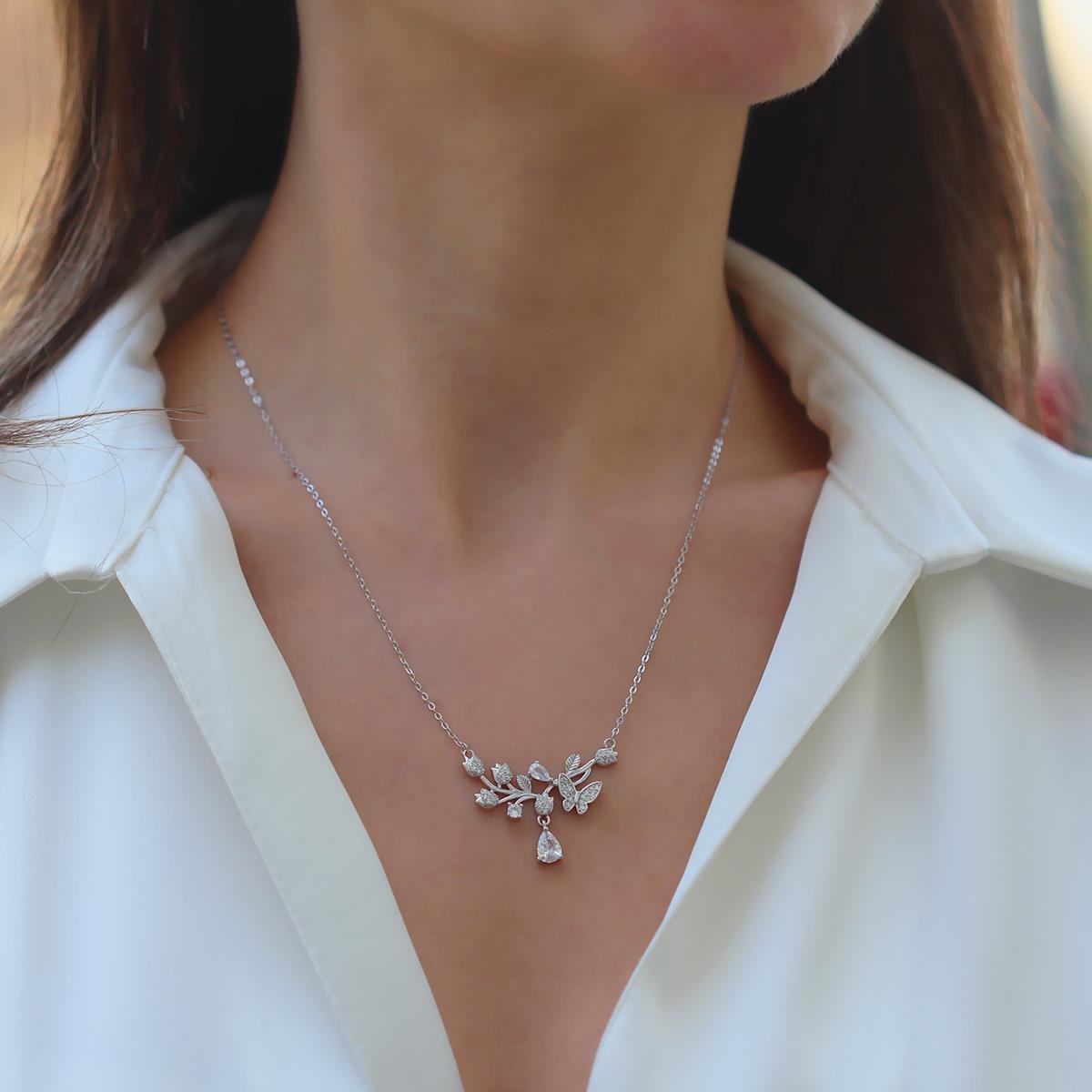 Kelebek Zarif Damla Zirkon Taşlı Gümüş Set 