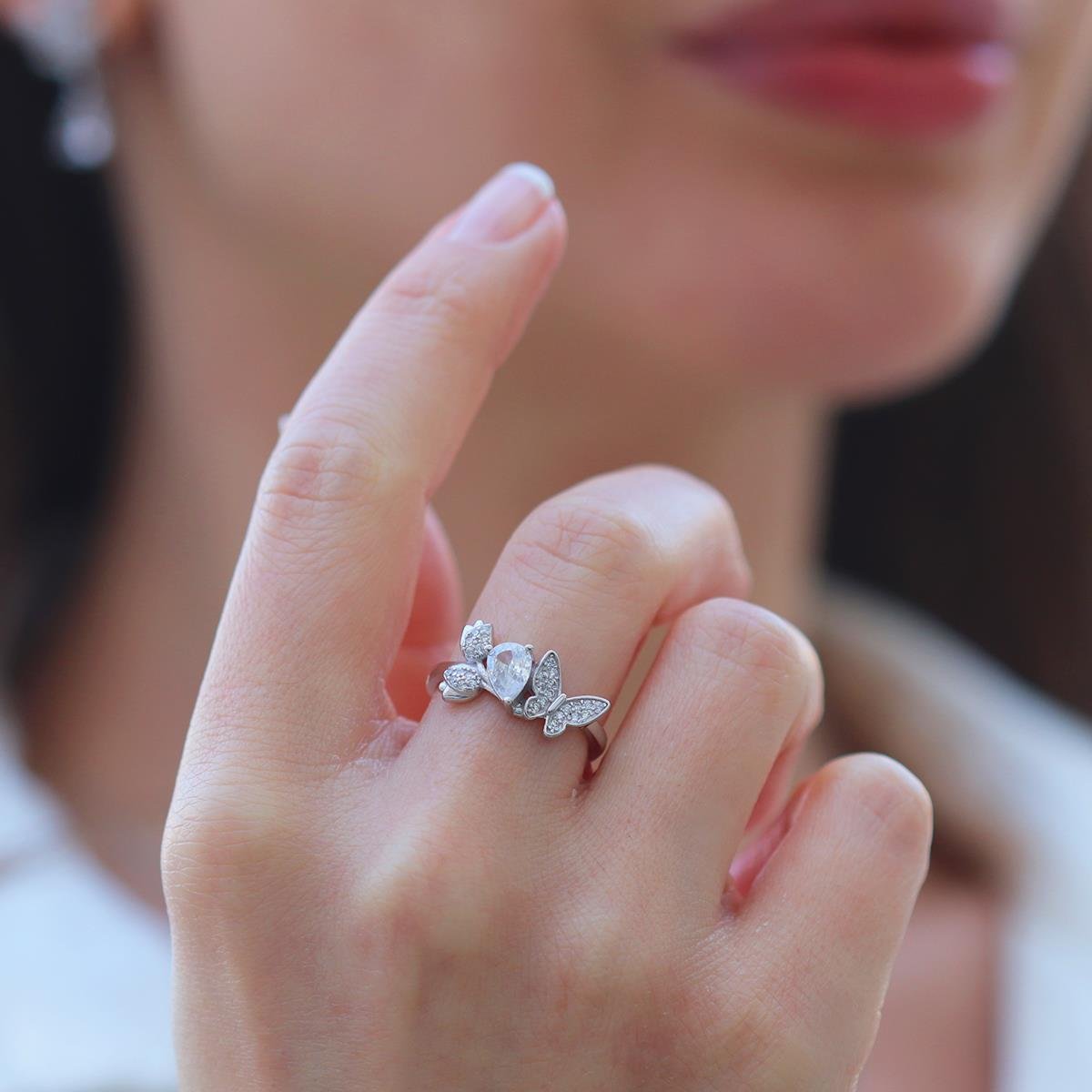 Kelebek Zarif Damla Zirkon Taşlı Gümüş Set 