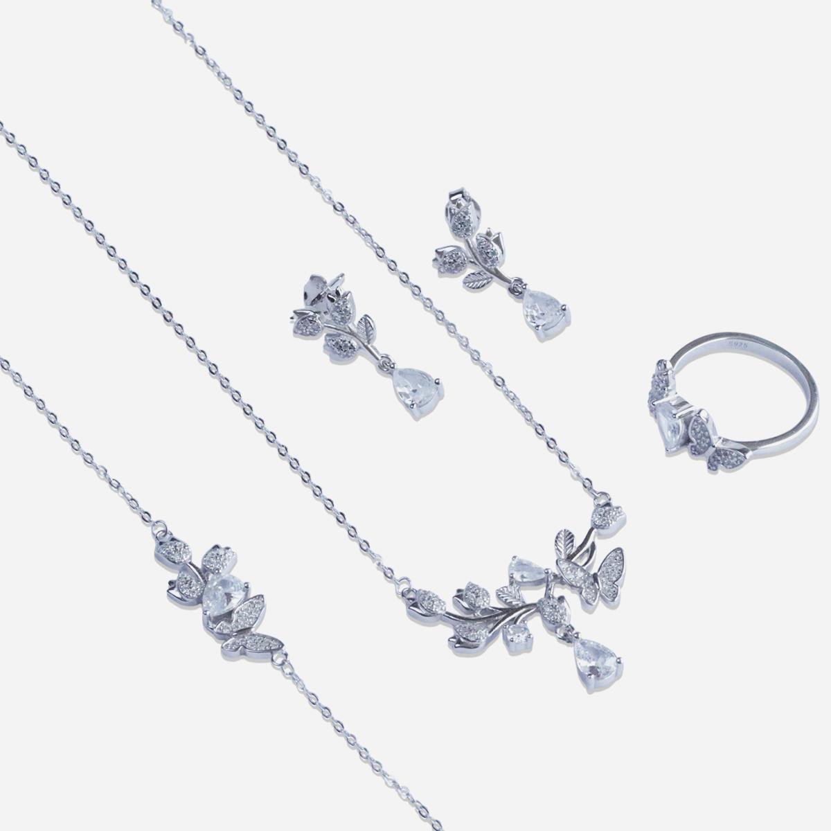 Kelebek Zarif Damla Zirkon Taşlı Gümüş Set 