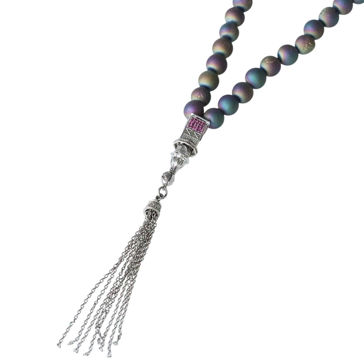 Kız Kulesi Gümüş Püsküllü Volkanik Kalsedon Taşlı Tesbih