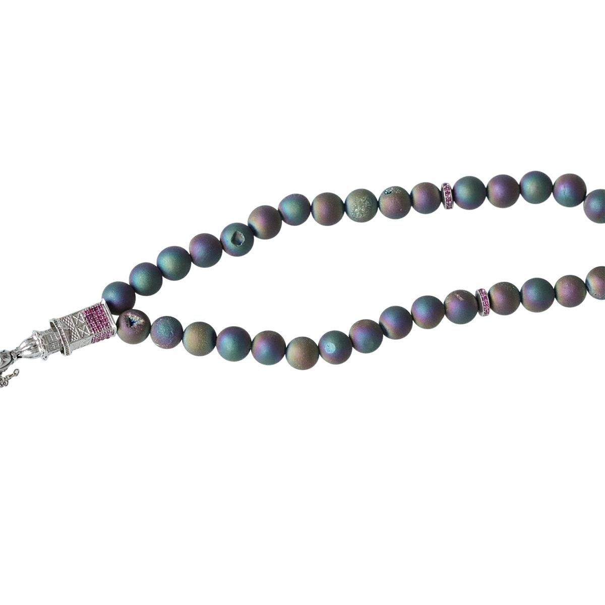 Kız Kulesi Gümüş Püsküllü Volkanik Kalsedon Taşlı Tesbih