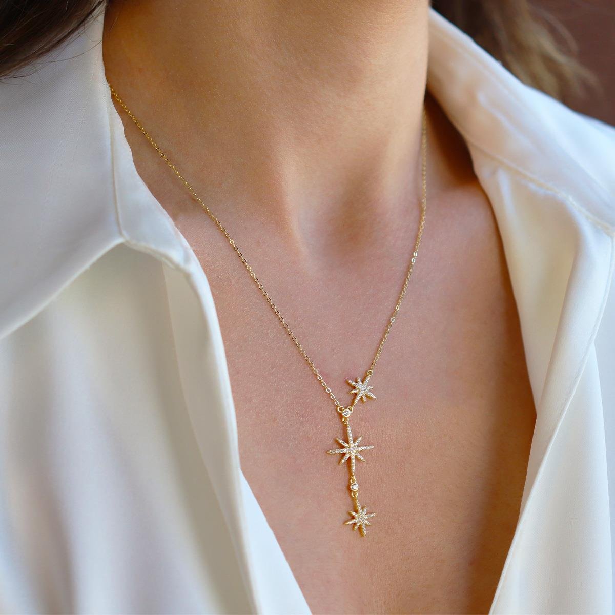 Kutup Yıldızı Zirkon Taşlı Gold Gümüş Kolye