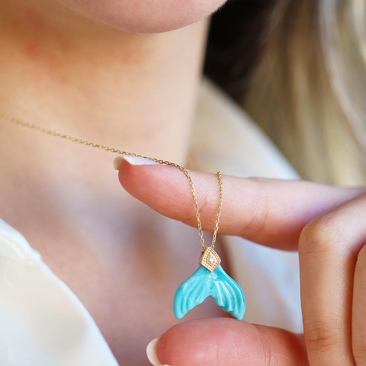 Kuyruk Turkuaz Taşlı Gold Gümüş Kolye