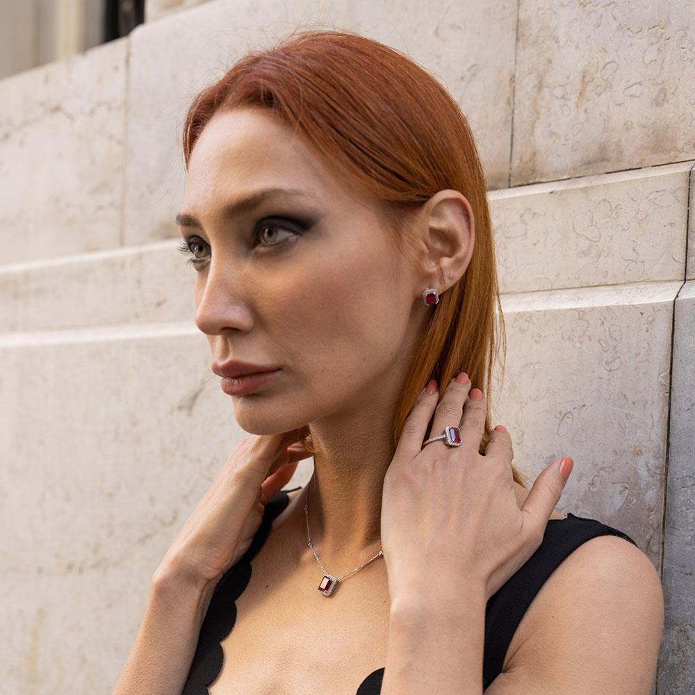 Lal Taşlı 925 Ayar Gümüş Pırlanta Montür Takım