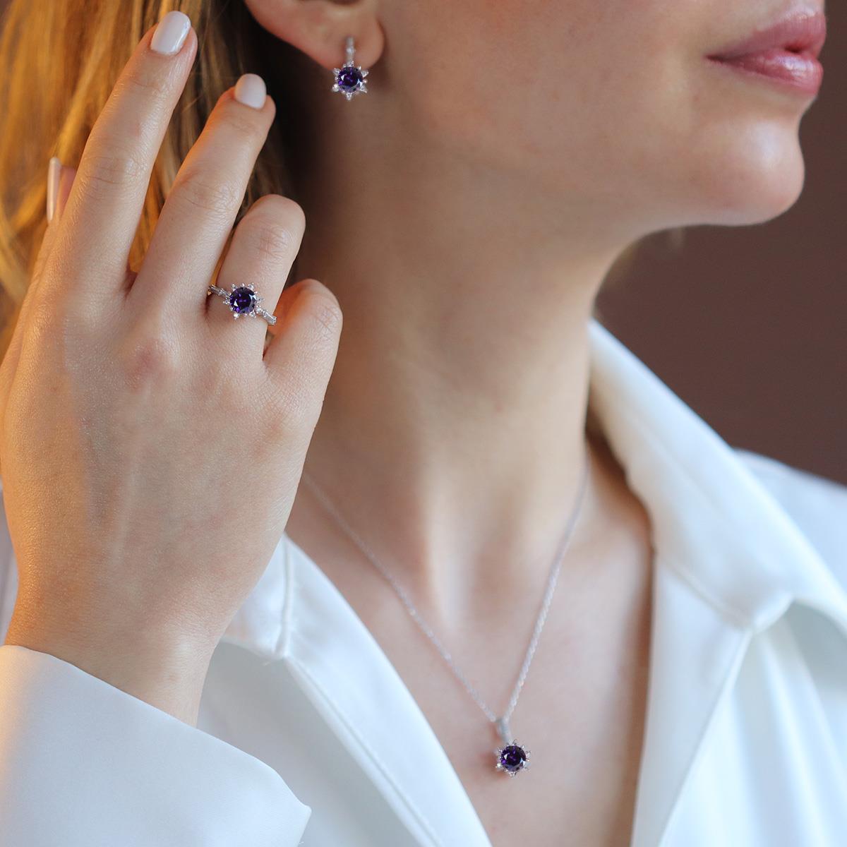 Lotus Çiçeği Ametist Taşlı Gümüş Set