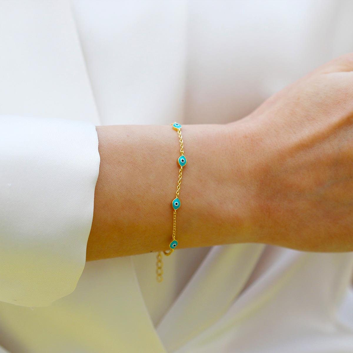 Mavi Mineli Göz Modeli Gold Gümüş Bileklik