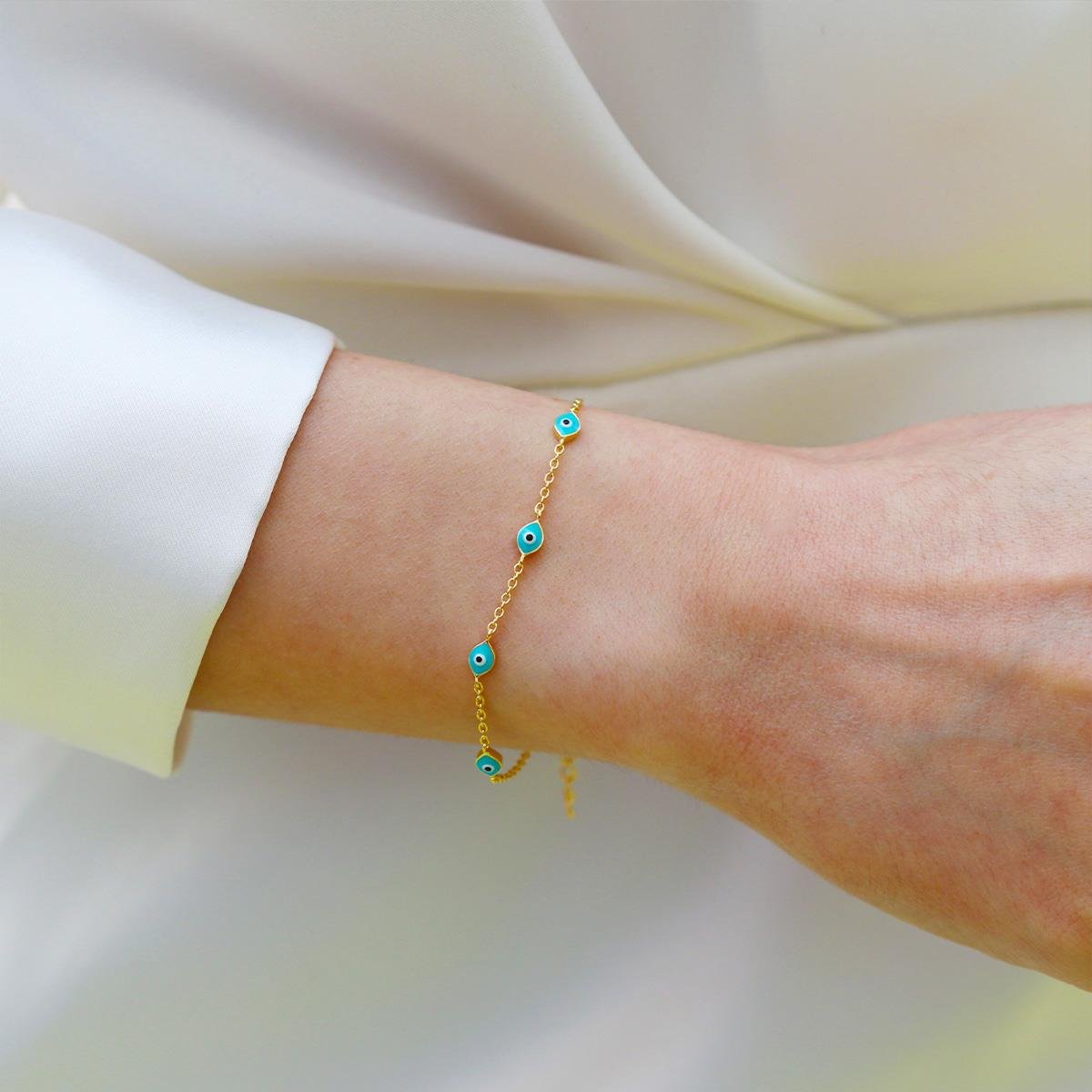 Mavi Mineli Göz Modeli Gold Gümüş Bileklik